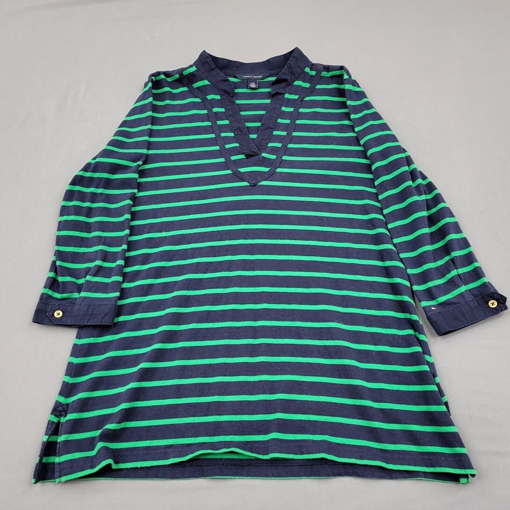 Tommy Hilfiger Womens Large 3/4 Sleeve V Neck Striped Knit Blouse Green Navy